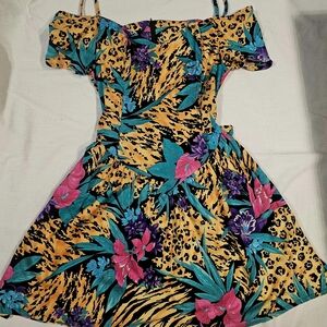 Vibrant 80s 90s Era Tropical Off-Shoulder Dress